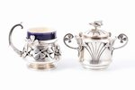 set, teapot and glassholder with porcelain cup, art nouveau, 950 standard, weight of silver 370.25,...