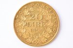 20 лир, 1868 г., R, золото, Италия, 6.40 г, Ø 21.6 мм, XF, VF...