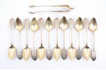 set of teaspoons, silver, 12 pcs. with sugar tongs, 800 standard, 163.60 g, engraving, gilding, spoo...