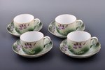 set of 4 tea pairs, porcelain, Gardner manufactory, hand-painted, Russia, the border of the 19th and...