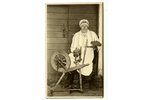 photography, woman with spinning wheel, Latvia, 20-30ties of 20th cent., 13,6x8,6 cm...