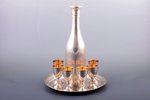 silver service with dedicatory inscription: tray, bottle, 6 small glasses, 875 standart, engraving,...