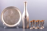 silver service with dedicatory inscription: tray, bottle, 6 small glasses, 875 standart, engraving,...