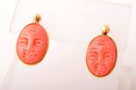 earrings, "Faces", carved coral, gold, 2.05 g., the item's dimensions 1.8 x 1 cm, coral...