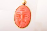earrings, "Faces", carved coral, gold, 2.05 g., the item's dimensions 1.8 x 1 cm, coral...