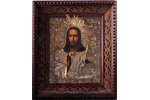 icon, Jesus Christ Pantocrator, in icon case, board, silver, painting, guilding, 84 standard, Russia...