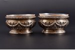 pair of saltcellars, silver, with glass, 950 standard, weight of silver 33.30, 6.6 x 4.6 x 3.8 cm, b...