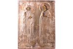 ikona, Svētais Nikolajs Brīnumdarītājs un Sirdsskaidrais Sarovas Serafims, dēlis, sudrabs, gleznojum...