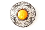a brooch, silver, 875 standard, 28.65 g., the item's dimensions Ø - 7.5 cm, amber, Latvia...