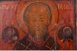 ikona, Svētais Nikolajs Brīnumdarītājs, ar iedziļinājumu, uzlika - baltais metāls, dēlis, gleznojums...