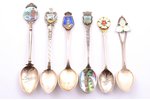 set of souvenir spoons, silver, 6 pcs, 835, 925 standart, painted over enamel, enamel, the 2nd half...
