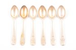 set of teaspoons, silver, 6 pcs, 84 standard, 105.75 g, gilding, 11.2 cm, Ivan Khlebnikov factory, 1...