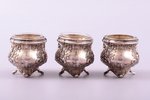 set of 3 saltcellars, silver, 950 standart, glass, silver weight 54.20g , France, 3.9 x 5.3 x 4 cm...