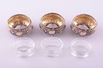 set of 3 saltcellars, silver, 950 standart, glass, silver weight 54.20g , France, 3.9 x 5.3 x 4 cm...