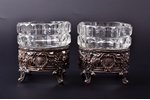set of 2 cocottes, silver, 950 standart, glass, silver weight 69.90g, France, Ø 7.5 cm, h 8.4 cm...