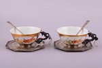 two tea pairs with spoons, silver, 900 standart, engraving, porcelain, hand painting, total weight o...