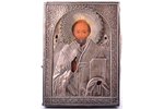 икона, Святитель Николай Чудотворец, доска, серебро, живопиcь, золочение, 84 проба, Российская импер...