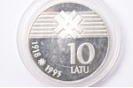 10 латов, 1993 г., серебро, Латвия, 25.175 г, Ø 36.07 мм, AU...