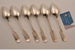set of soup spoons, silver, 6 pcs, with the emblem of Riga, 84 standard, 415.9 g, 21.2 cm, 1893, Rig...