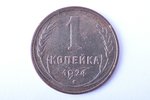 1 копейка, 1924 г., медь, СССР, 3.16 г, Ø 21.2 мм, гладкий гурт...