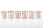 set of 6 beakers, silver, 950 standard, 136.05 g, engraving, h 4 cm, France...