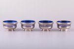 set of 4 saltcellars, silver, 950 standart, glass, total weight of items 278.65 g, France, Ø 6.8 cm...