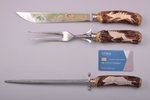 flatware set, 3 items, hunting theme, Solingen, steel, bone, Germany, 33.3 - 28.4 cm...