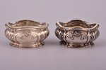 pair of saltcellars, silver, 950 standard, silver weight 32.05, glass, 3.2 x 6.4 x 4.4 cm, France...