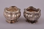 pair of saltcellars, silver, 950 standard, silver weight 32.05, glass, 3.2 x 6.4 x 4.4 cm, France...