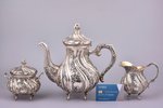 service of 3 items: coffeepot, sugar-bowl, cream jug, silver, 830 standart, gilding, handmade, 1988,...