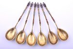 set of teaspoons, silver, 6 pcs., 84 standard, 94.60 g, cloisonne enamel, gilding, 11.3 cm, 1880-189...