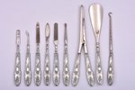 manicure set of 12 items, silver, 800 standart, metal, glass, total weight of items 317.85g, France...