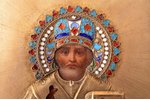 ikona, Svētais Nikolajs Brīnumdarītājs, dēlis, sudrabs, gleznojums, zeltījums, starpsienu emalja, 84...