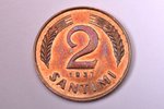 2 santīmi, 1937 g., bronza, Latvija, 1.99 g, Ø 19 mm, AU...