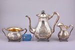 service of 3 items: coffeepot, sugar-bowl, cream jug, silver, 830 standart, engraving, gilding, 1949...