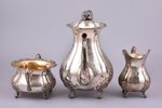 service of 3 items: coffeepot, sugar-bowl, cream jug, silver, 830 standart, engraving, gilding, 1949...