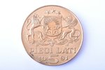 5 латов, 1991 г., пробная монета, инвентарный номер на гурте, бронза (томпак), Латвия, 26.89 г, Ø 38...