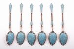 set of 6 coffee spoons and sugar tongs, silver, 925 standard, 74.40 g, cloisonne enamel, gilding, in...