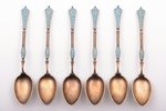 set of 6 coffee spoons and sugar tongs, silver, 925 standard, 74.40 g, cloisonne enamel, gilding, in...