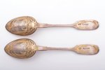 pair of spoons, silver, 84 standard, 100.50 g, engraving, gilding, 18 cm, Morozov workshop, 1908-191...