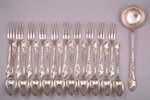 flatware set, 21 item: 10 spoons, 10 forks, ladle, "Boulenger", silver plated, France, 33.3 / 21.6 /...