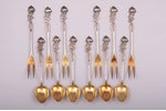 set of 12 items: 6 lemon forks and 6 coffee spoons, silver, 830 standart, 6+6 items, gilding, 100.25...