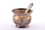 mustard pot with spoon, silver, 875 standart, the 20-30ties of 20th cent., 24.70 g, Latvia, Ø 4.5 cm...
