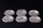 set of 6 butter trays, silver, 950 standard, total weight of silver 165.35, glass, Ø 7.7 cm, France,...
