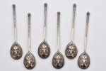set of 6 coffee spoons, silver, 84 standard, 88.60 g, cloisonne enamel, gilding, 11 cm, Andreyeva Ma...