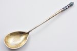 spoon, silver, 84 standard, 22.95 g, cloisonne enamel, gilding, 14.2 cm, by Nikolay Zverev, 1896-190...
