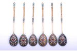 set of 6 teaspoons, silver, 84 standard, 129.70 g, cloisonne enamel, gilding, 14 cm, factory of Klin...