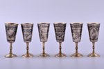 set of 6 small glasses, silver, 875 standard, 206.35 g, niello enamel, gilding, h 8.2 cm, the artist...