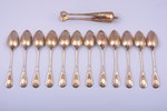 set of 12 teaspoons and sugar tongs, silver, 800 standart, gilding, 282.85 g, France, spoon - 14.8 c...