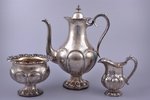 service of 3 items: coffeepot, sugar-bowl, cream jug, silver, 830 standart, gilding, 1230.40 g, (cof...